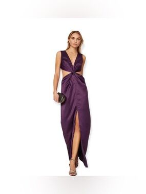 One33 Social by Badley Mischka Purple Satin Cutout Maxi Dress Size 6 Slit Twist